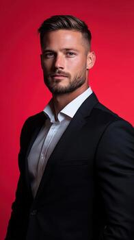 Confident man in tailored suit poses against vibrant red background photo
