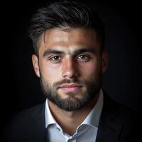 Serious man in formal attire with a strong expression in dark background photo