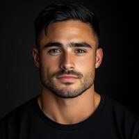 joven hombre con fuerte caracteristicas y intenso mirada en un oscuro ajuste foto