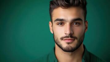 Young man with well-groomed beard poses against a green background photo