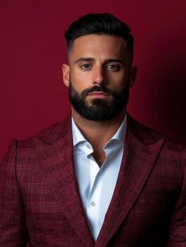 Man in red suit with serious expression against a bold background photo