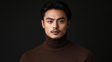 Confident man in brown turtleneck sweater poses against dark backdrop photo