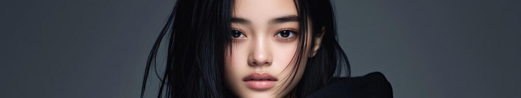 Portrait of a woman with captivating expression and long dark hair photo