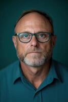 Middle-aged man with glasses and beard poses against teal backdrop photo