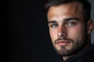 Young man with captivating eyes poses against a dark background photo