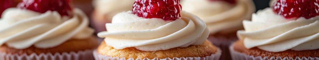 Delicious cupcakes topped with cream and cherry filling at a dessert table photo