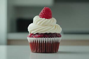 Delicious red velvet cupcake topped with cream and a fresh raspberry photo
