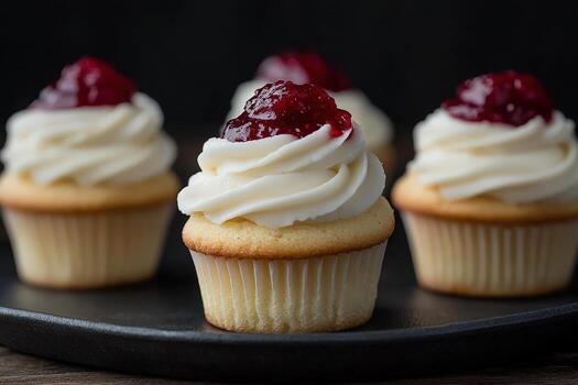 Delicious vanilla cupcakes topped with raspberry jam on a dark platter photo