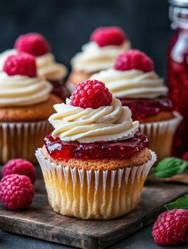 Delicious raspberry topped cupcakes with creamy frosting and jam photo