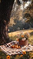 Cozy picnic setup with flowers and fruits in a serene forest setting photo