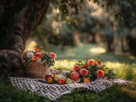 Outdoor picnic setup with flowers and fresh fruit under a tree photo