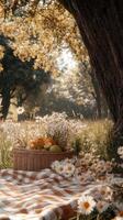 Picnic basket filled with fruits among daisies beneath a large tree photo
