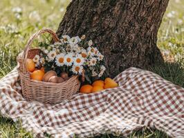 Beautiful picnic setup under a tree with flowers and fresh fruits photo