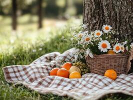 Relaxing picnic setup with fruits and flowers under a tree photo