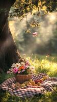 Gathering around a picnic basket filled with flowers and fruits under a tree photo