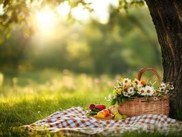 Relaxing picnic setup under a tree with flowers and fresh fruits photo