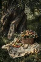 Basket of flowers and fruits on a picnic blanket under a tree in nature photo