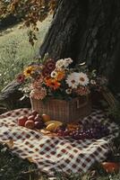 Colorful picnic basket filled with fruits and flowers under a tree photo