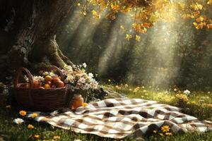 Autumn picnic under a majestic tree with sunlight filtering through leaves photo