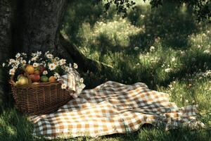 Enjoying a picnic under a tree with a basket of fresh fruits and flowers photo