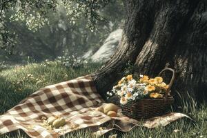 Relaxing picnic setup under a tree with flowers and a blanket photo