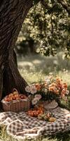 Relaxing picnic under a tree with fruits and flowers in a serene setting photo
