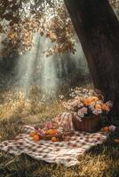 Sunlight filtering through trees during a peaceful picnic in the park photo