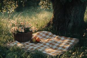 Cozy picnic setup under an apple tree in a sunlit meadow photo