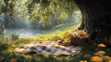 Picnic under a tree with flowers and fruits by the serene lake photo
