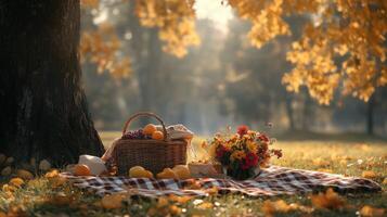Enjoying a vibrant autumn picnic under a tree with colorful leaves photo