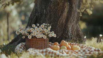 Enjoying a sunny picnic under a large tree with flowers and fruits photo
