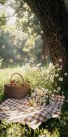 Picnic basket filled with fruits and flowers in a sunny meadow photo