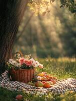 Outdoor picnic setup with basket and flowers in a sunlit park photo