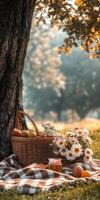 Enjoying a peaceful picnic under a tree during a sunny afternoon photo