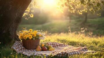 Basket of flowers and fruits on a blanket under a tree in golden sunlight photo