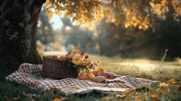 Autumn picnic setup under a tree with flowers and fruits photo