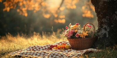 Picnic setup under a tree with flowers and fruits in a sunny garden photo