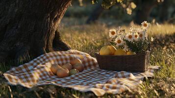 Cozy picnic under a tree with fruits and flowers during golden hour photo
