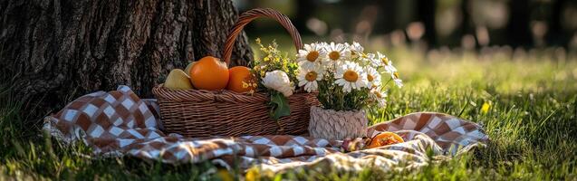 Picnic basket with fruits and flowers under a large tree in a sunny park photo