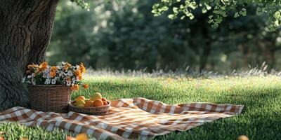 Cozy picnic setup under a tree with fresh fruits and flowers in the garden photo