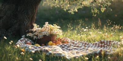 Picnic setup under a tree with flowers and fresh fruits in the park photo