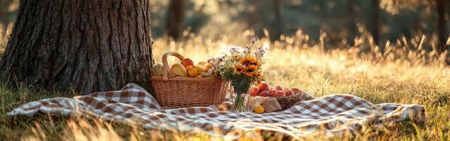 Enjoying a peaceful picnic under a tree in a sunlit meadow photo
