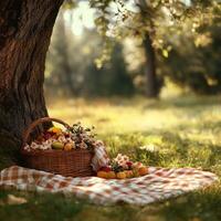 Relaxing picnic under a tree with a basket of fresh fruits and flowers photo