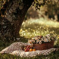 Picnic setup under a tree with flowers and fruits on a sunny day photo