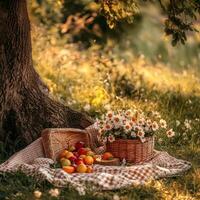 Enjoying a sunny picnic under a tree with fresh fruits and flowers photo