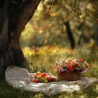 Relaxing picnic under a tree with fruits and flowers in a sunny park photo