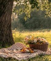 Picnic setup under tree with fresh fruits and flowers during golden hour photo