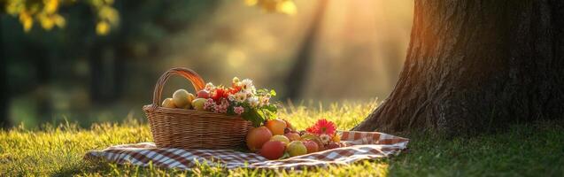 Elegant picnic setup by a tree with fresh fruits and flowers in sunlight photo