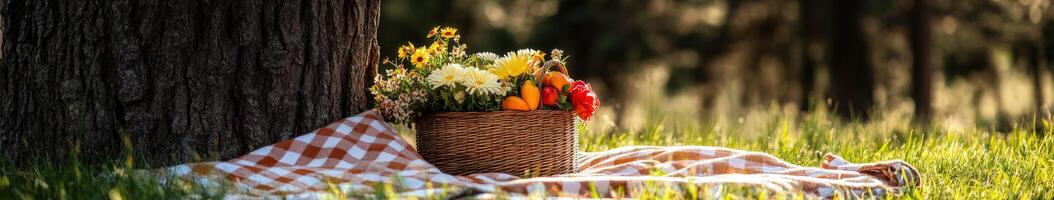 Basket filled with colorful flowers and fruits on a sunny picnic blanket photo