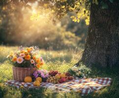 Enjoying a sunny picnic with fruits and flowers under a tree photo